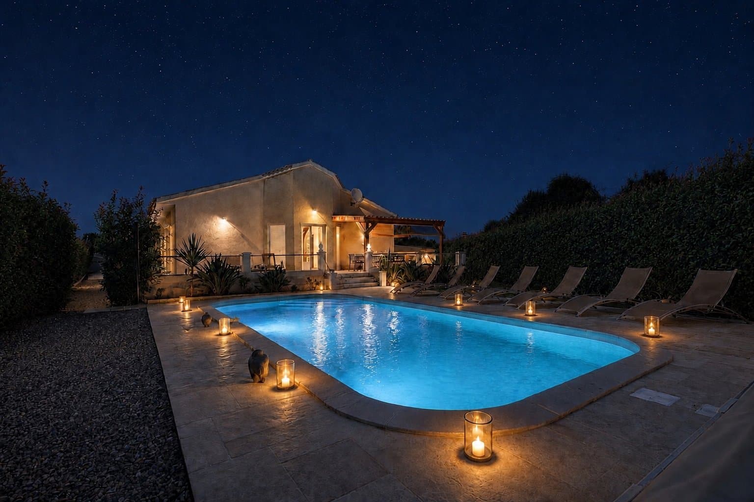 Piscine chauffée de la Villa Monte-Cristo au coucher du soleil