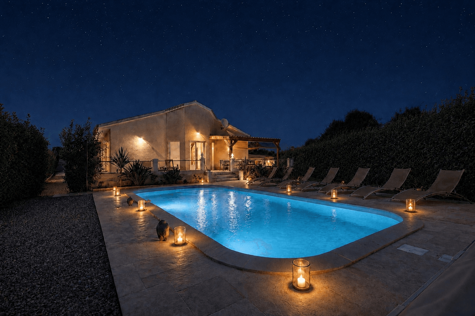 Piscine privée chauffée illuminée aux bougies à la tombée de la nuit sous un ciel étoilé, à la Villa Monte-Cristo